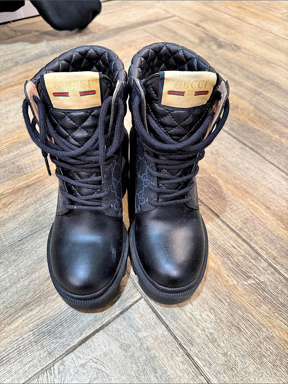 Gucci Trip Leather and GG Supreme Canvas Lug Sole Boot & GG Supreme Lug Sole